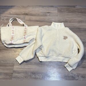PINK Victoria’s Secret logo Plush Teddy 1/2 zip pullover Sz S & tote bag bundle
